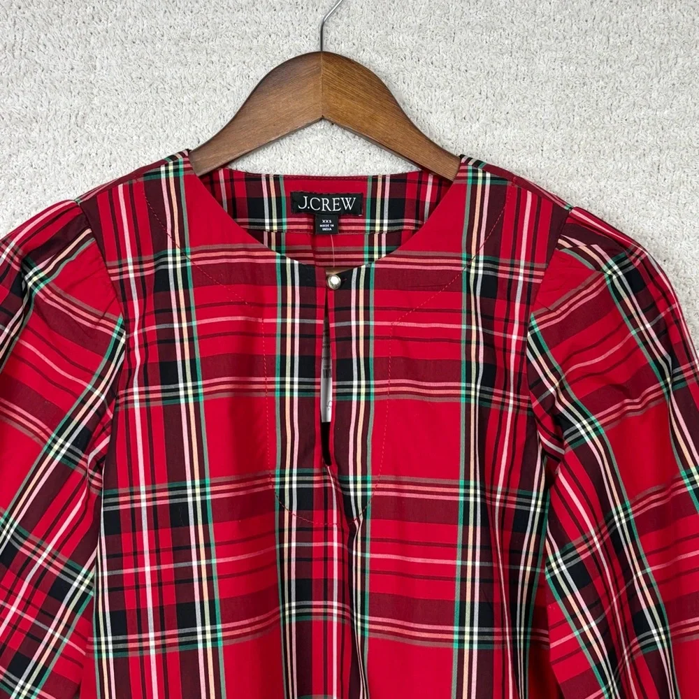J. Crew Top Womens XXS Red Puff Sleeve Poplin Blouse Good Tidings Plaid‎ Cotton